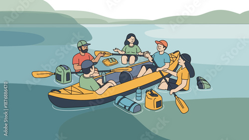 Group Paddling Together Enjoying Kayaking Adventure In Summer Vacation