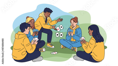 Group Of Young People Enjoying A Card Game Outdoors Together Recreation Concept