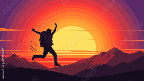 Happy Hiker Running On Mountain Trail Enjoying Scenic Sunset Landscape