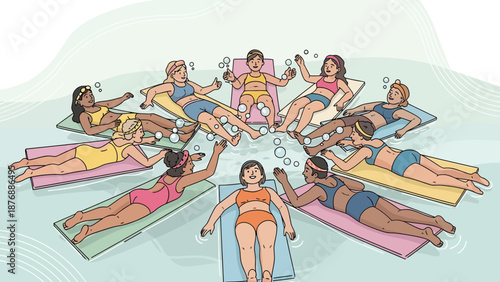 Group Relaxation Floating On Mats In Water Illustration For Wellness And Leisure