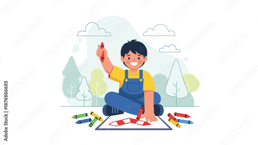 custom made wallpaper toronto digitalHappy Little Artist Drawing Outdoors With Colorful Crayons on Paper