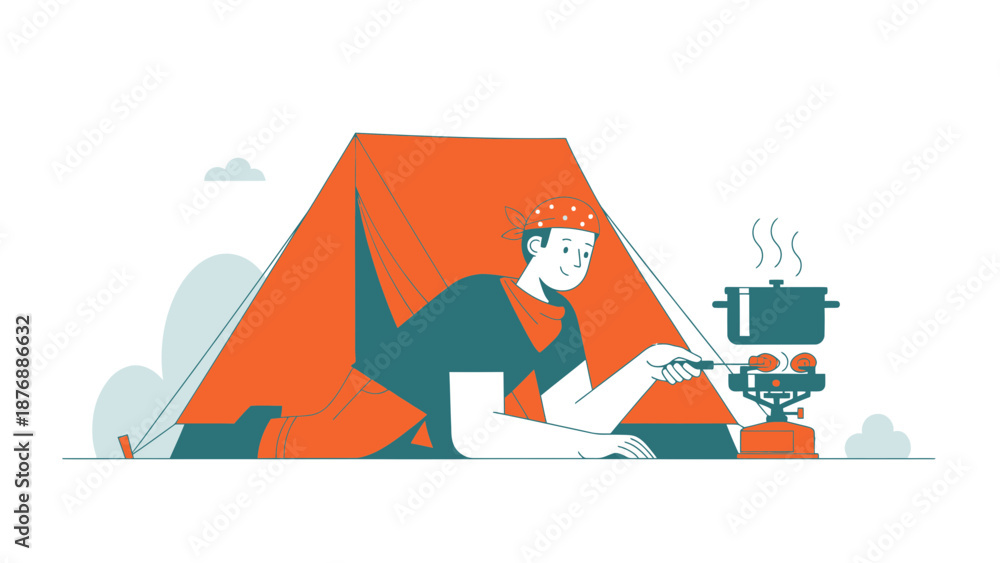custom made wallpaper toronto digitalHappy Man Cooking at Tent, Enjoying Camping Adventure in Nature Outdoor