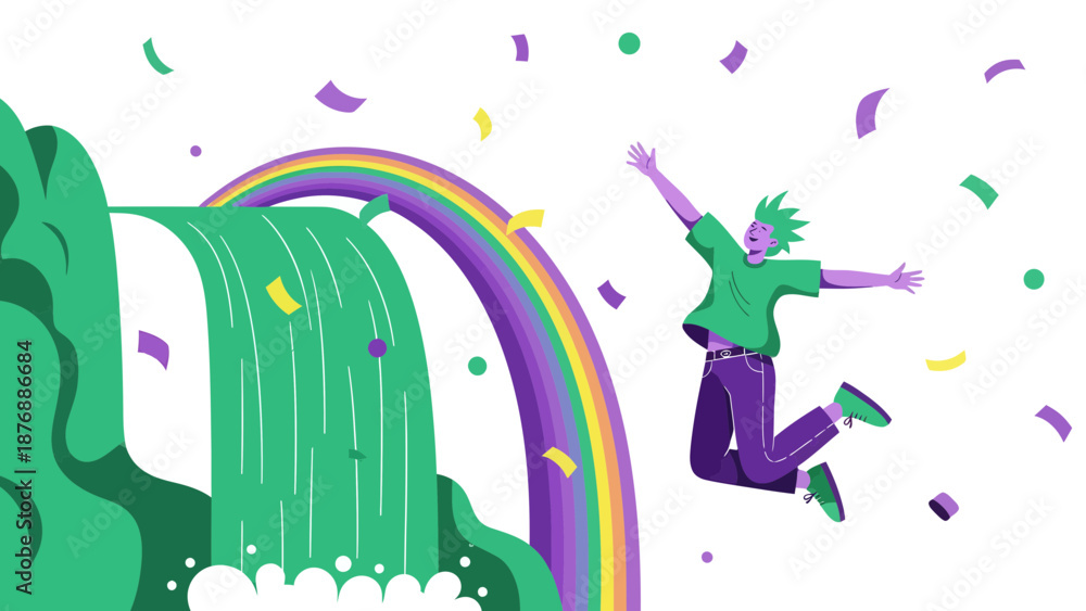 custom made wallpaper toronto digitalHappy Man Jumping With Joy Beside Waterfall and Rainbow Confetti Celebration
