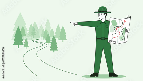 Guiding Visitors Through Forest Detour With Illustrated Park Ranger
