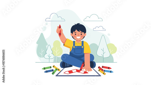 Happy Little Artist Drawing Outdoors With Colorful Crayons on Paper