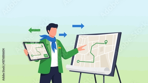 Guiding Your Way Man Explaining Route Using Modern Technology And Traditional Charts