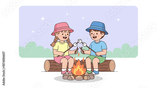 Happy Kids Roasting Marshmallows Over Campfire, Having Fun Outdoor Activities