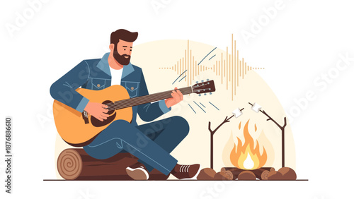 Guitarist Around Campfire Making Music And Roasting Marshmallows In Nature