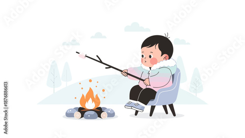 Happy Little Boy Toasting Marshmallow By Warm Campfire In The Winter Season