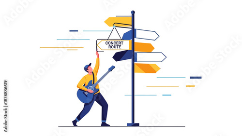 Guitarist Determines Concert Route On Directional Signpost At Crossroads Concept