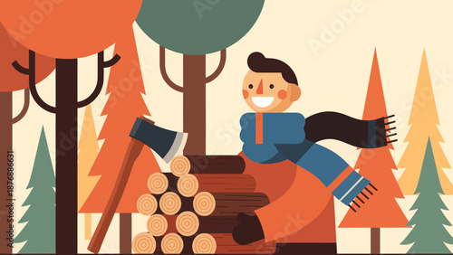 Happy Lumberjack In Fall Forest Illustration With Woodpile And Axe Cartoon Style