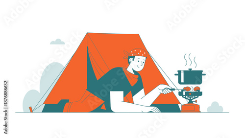 Happy Man Cooking at Tent, Enjoying Camping Adventure in Nature Outdoor