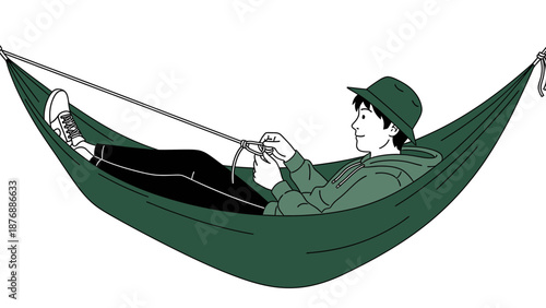 Hammock Haven Man Relaxing Tying Knot During An Idyllic Outdoor Camping Holiday