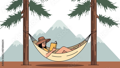 Hammock Reader In Nature Setting With Serene Mountain Backdrop Illustration