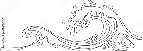 Continuous one line drawing water splashes wave twirl isolated surge blue sparks breaker. Wave curly shapes icon. one line Icon drawing