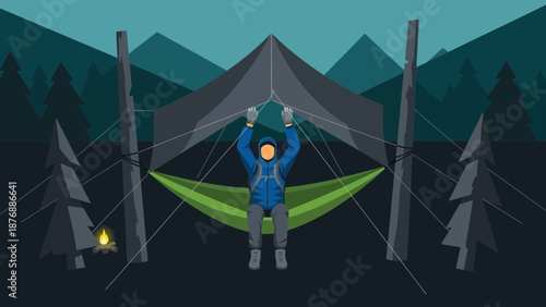 Hammock Camping Adventure At Night With Fire In A Dark Forest Landscape