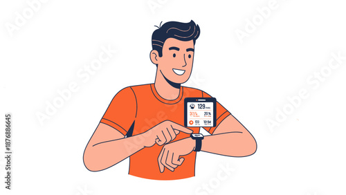 Happy Man Checking His Fitness Tracker Data On A Smartwatch Illustration