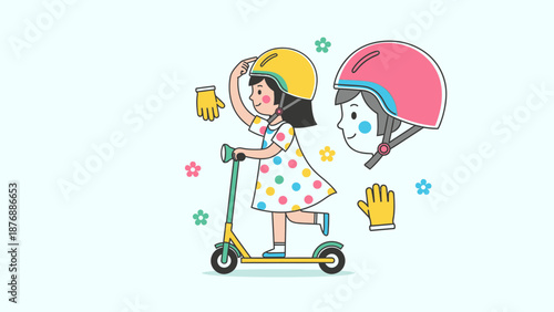 Happy Little Girl Enjoying Scooter Ride With Protective Gear Illustration