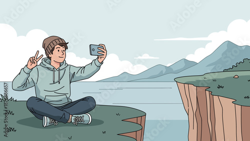 Guy Taking A Selfie While Sitting Peacefully On Cliff With Beautiful Landscape