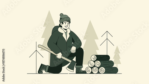 Happy Lumberjack Resting After Felling Trees In Forest With Axe Illustration