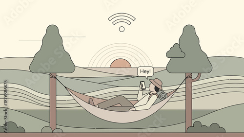 Hammock Relaxation Under Wifi Connection At Nature Getaway With Mobile Phone