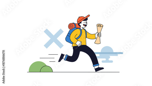 Happy Man Running Holding Scroll With Backpack Ready For New Adventure