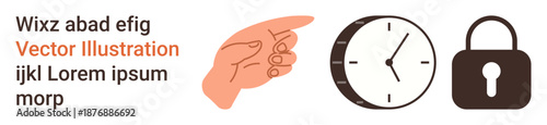 Time management, data security, access control, authority, decision-making, digital protection. Hand pointing, analog clock and padlock design. Time management and data security