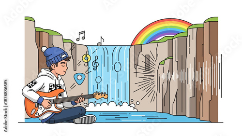 Guitarist Plays Music At Scenic Waterfall Under Colorful Rainbow Illustration