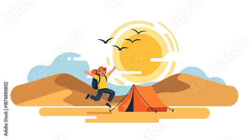 Happy Backpacker Jumps Near Tent In Desert Illustration Sunny Day Concept