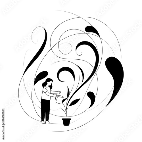 A sketchy style illustration showing a character watering plants