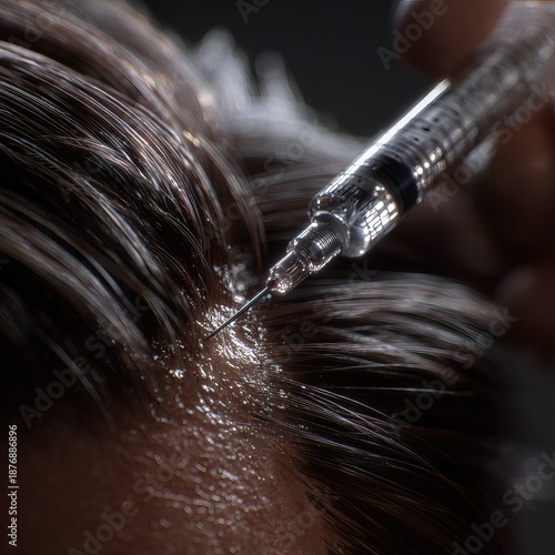 A detailed view of a scalp treatment injection procedure for hair restoration. AI generated image