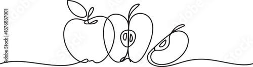 One continuous line drawing sliced and whole healthy apples organic for orchard logo. Fresh tropical fruitage concept for fruit garden icon. one line Icon drawing