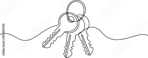 Single continuous line drawing three keys from apartment. House apartment rental for sale. The concept of privacy, security and protection. one line Icon drawing