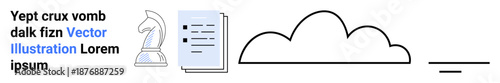 Business planning, data storage, strategy, documentation, cloud connectivity, online tools. A chess knight, document cloud and lines. Strategy and data storage concept