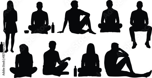 Alcohol addiction silhouettes set, drunk people sitting and standing, depressed men and women, bottle icons, social problem concept.