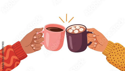 Two hands wearing cozy sweaters toasting with mugs of hot chocolate, one with marshmallows, isolated on white background.