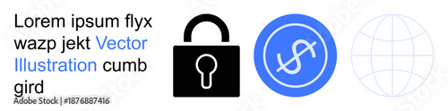 Online security, global transactions, finance, data safety, digital commerce, information sharing. Black lock, blue currency symbol and wireframe globe. Online security and global transactions