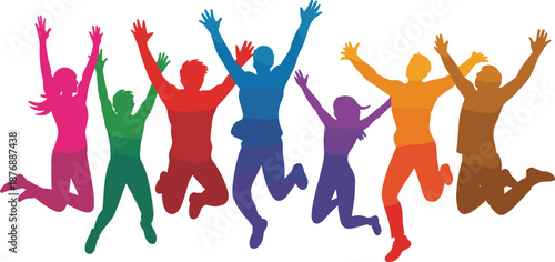 Colorful people silhouettes jumping, happy group celebration, teamwork success concept, diverse friends cheering, party energy, isolated vector.