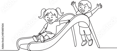 Single one line drawing smiling preschool girl sliding down slide and happy friend seeing her on side of slide. Kids playing together on playground. one line Icon drawing