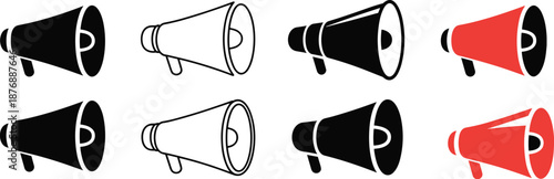 Megaphone icon set, loudspeaker illustration collection, announcement marketing symbol, communication alert design, black white red, vector.