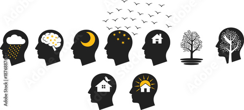 Mental health concept icons, human head silhouettes with weather, moon, stars and home symbols, psychology vector illustration set