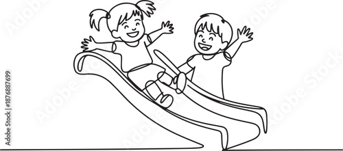 Single one line drawing smiling preschool girl sliding down slide and happy friend seeing her on side of slide. Kids playing together on playground. one line Icon drawing