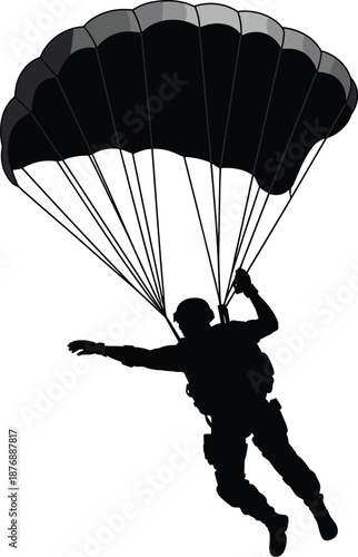 Parachutist silhouette, skydiver descending with parachute canopy, extreme sport action, airborne adventure, military jump illustration, isolated background graphic.