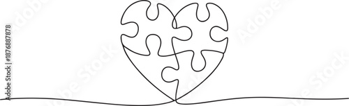 Single continuous line drawing of set puzzle pieces put it together to cute heart shape form symbol. Romantic marriage love concept. one line Icon drawing
