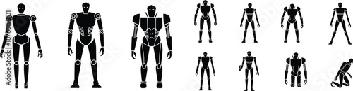 Robot silhouettes set, humanoid android figures in different poses, artificial intelligence technology icon pack, black vector illustration.