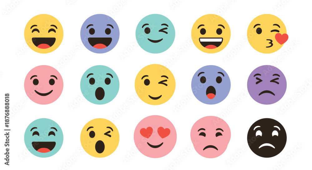 Obraz premium Grid of fifteen diverse colorful circular emoji icons representing various facial expressions and emotions for chat.