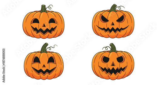 Set of four orange Halloween jack-o-lantern pumpkins with different spooky and smiling carved faces for festive decor.