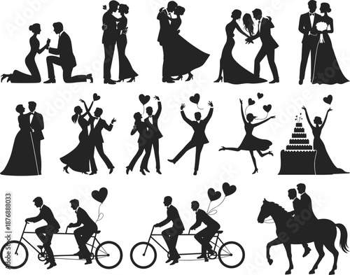 Wedding couple silhouettes set, romantic bride groom showing love, proposal dancing celebration, marriage ceremony poses, isolated vector.