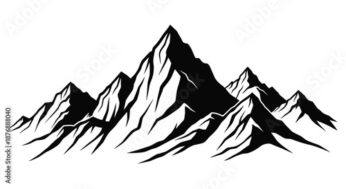 Dramatic black and white silhouette illustration of a rugged mountain range with sharp peaks and shadows for adventure.