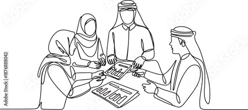 One single line drawing of young happy muslim company employees discussing financial budget plan. Saudi Arabia cloth hijab, kandora, headscarf, thobe. one line Icon drawing